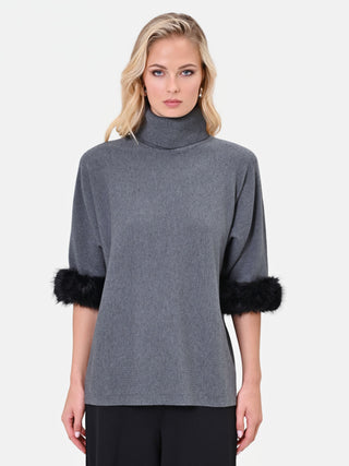 Dunkelgrauer Viskose-Pullover mit Bündchen in Felloptik