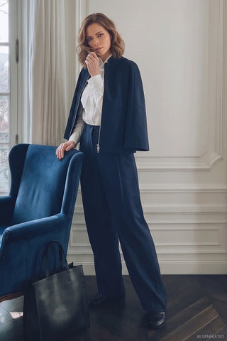 Une femme en costume se tient dans une pièce vide, affichant une posture confiante
