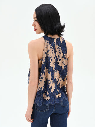 Blue two-tone macramé lace top