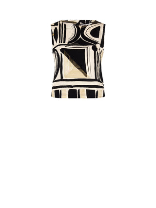 Black Abstract Print Top with Flounced Hem