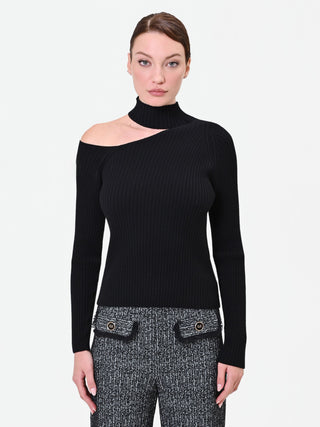 Black Ribbed Cut-Out Knit Top