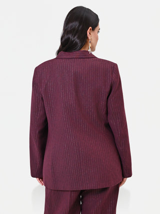 Curvy Single-Breasted Burgundy Pinstripe Viscose-Blend Jacket