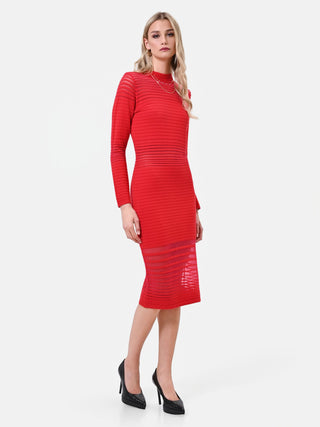 Robe fourreau en viscose rouge à empiècements voilés