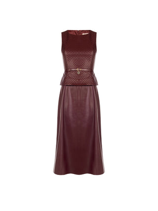 Burgundy Faux Leather Dress with Woven Bodice