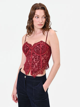 Bordeauxrotes Bustier-Top aus floraler Spitze