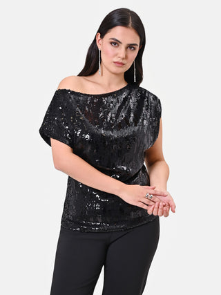 Curvy Black Asymmetrical Sequin Blouse
