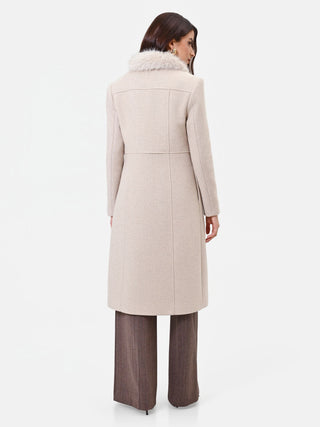 Cappotto monopetto tortora beige con collo effetto pelliccia