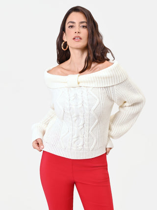 Cream White Wool Boat Neck Sweater