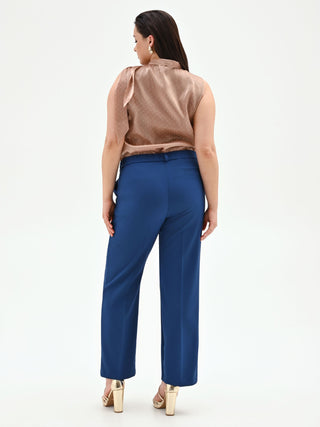 Pantalone Curvy blu brillante a vita alta in tessuto tecnico