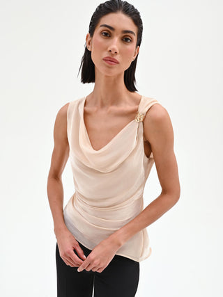 Light beige draped top in iridescent fabric