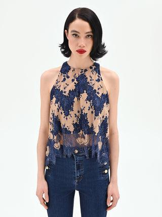 Blue two-tone macramé lace top