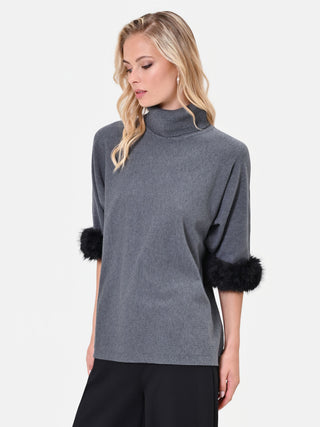 Dunkelgrauer Viskose-Pullover mit Bündchen in Felloptik