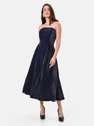 Blue hammered midi dress with a straight neckline