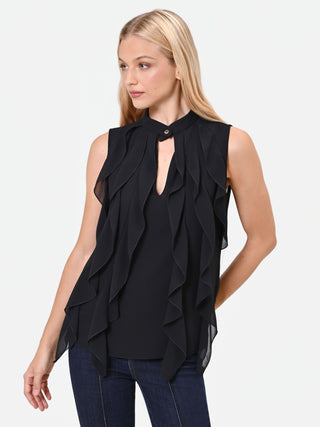 Top nero in georgette con rouches