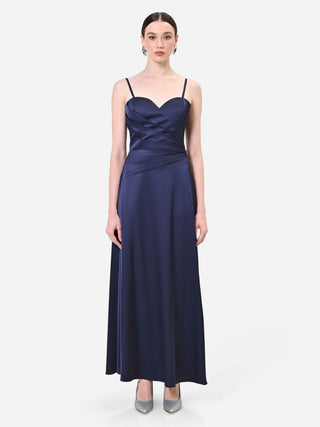 Abito lungo blu navy con drappeggio incrociato