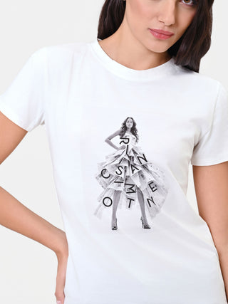 Cremefarbenes Baumwoll-T-Shirt mit Grafik-Print