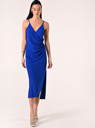 Abito Blu Cina con Scollo Incrociato e Drappeggio