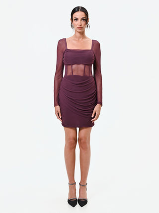 Burgundy Tulle Mini Dress with Boned Bodice