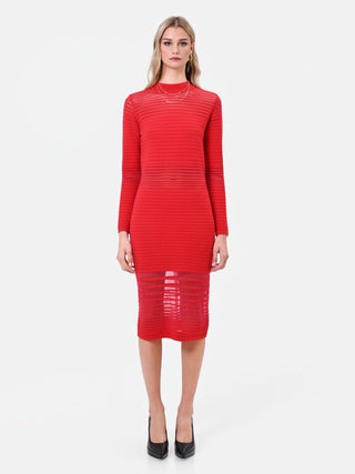 Robe fourreau en viscose rouge à empiècements voilés