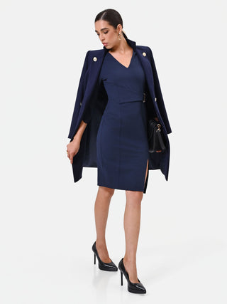 Navy Blue Viscose-Blend Crossover Sheath Dress