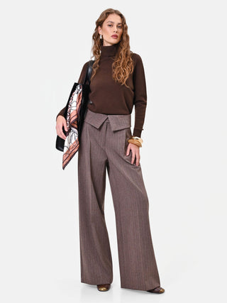 Pantalone in misto viscosa marrone a palazzo con vita asimmetrica