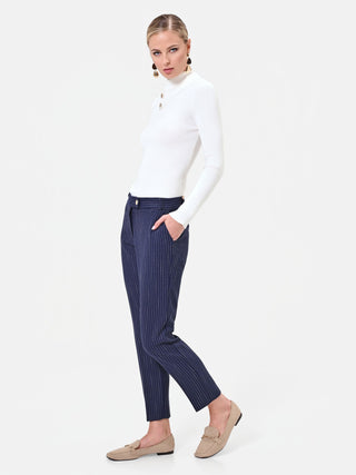 Pantalone in misto viscosa blu navy gessato