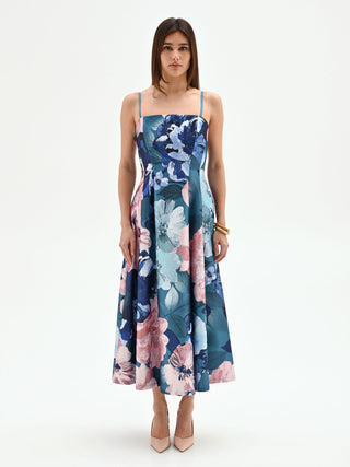 Teal Floral Print Midi Dress