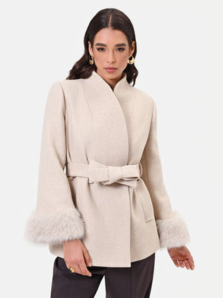 Short Beige Taupe Coat with Faux Fur Cuffs