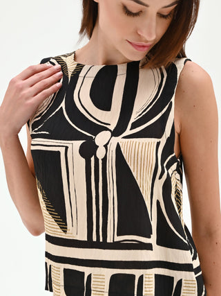 Black Abstract Print Top with Flounced Hem