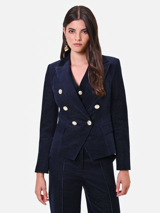 Navy Blue Velvet Double-Breasted Jacket