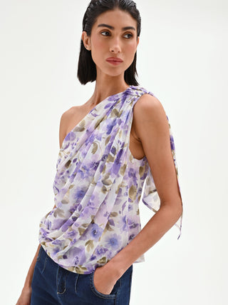 Lilac Floral Print One-Shoulder Top