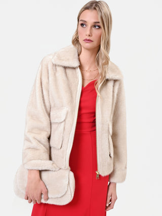 Cremeweiße Cropped-Jacke in Felloptik