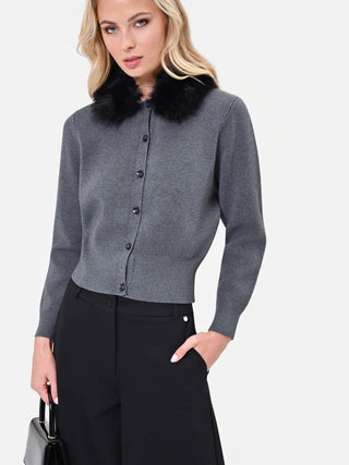 Cardigan in viscosa grigio scuro con collo effetto pelliccia