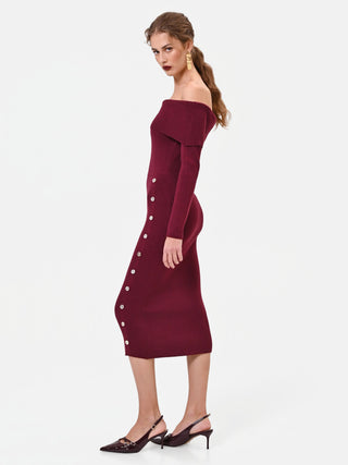 Burgundy Viscose Sheath Dress with Decorative Buttons