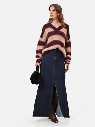Gonna lunga in denim blu navy con spacco frontale