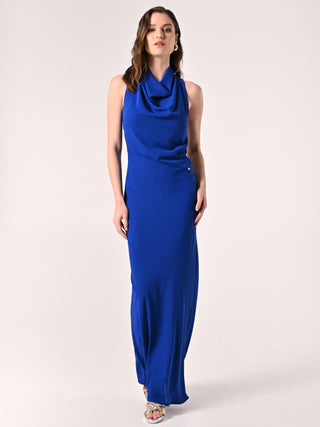 Abito Lungo Blu Cina con Scollo Drappeggiato