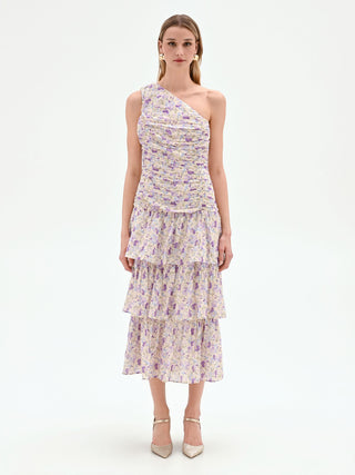 Lilac Floral One-Shoulder Midi Dress