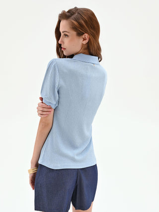 Light Blue Ribbed Knit Polo Shirt