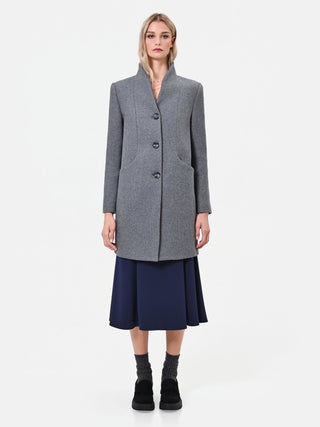 Grey Single-Breasted Coat with Stand Collar