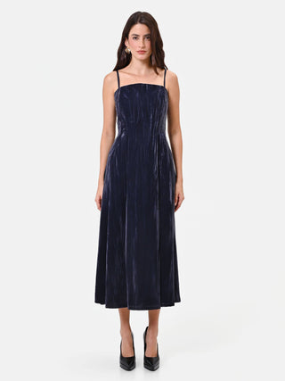 Abito midi blu martellato con scollo dritto