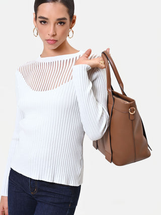 Off-White Ribbed Viscose Top with Sheer Details