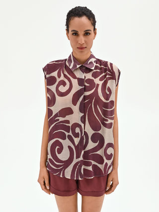 Brown Abstract Print Sleeveless Blouse