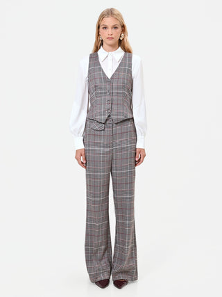 Polyviscose Wide-Leg Trousers in Dove Grey and Beige Prince of Wales Check