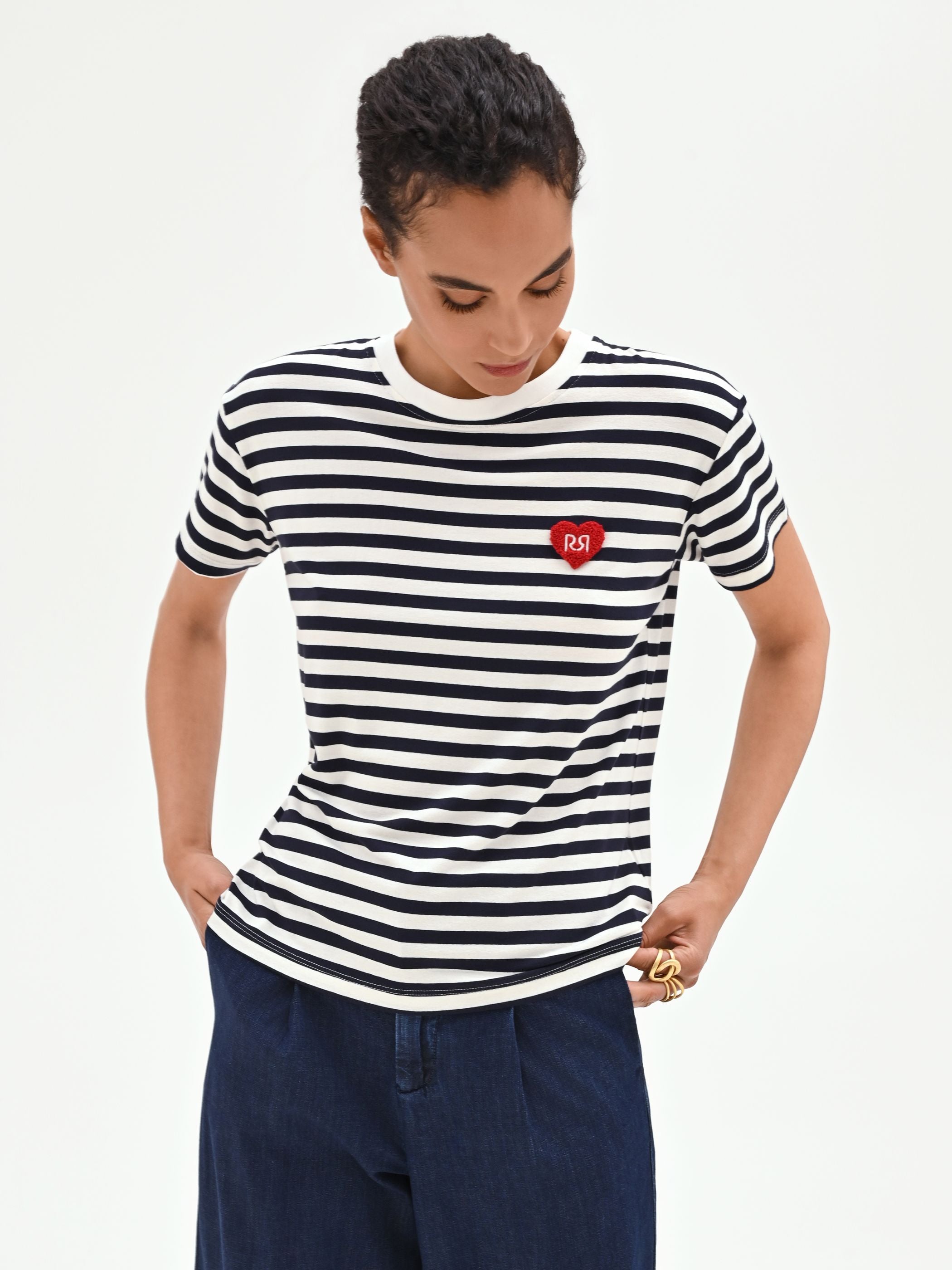 Blue Striped T-Shirt with Heart Patch – Rinascimento