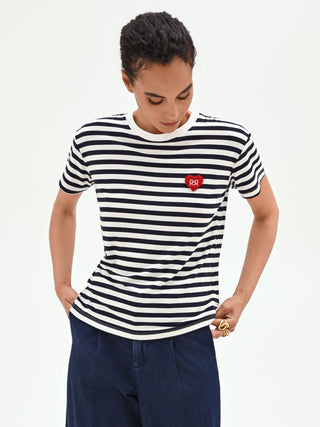 Blue Striped T-Shirt with Heart Patch