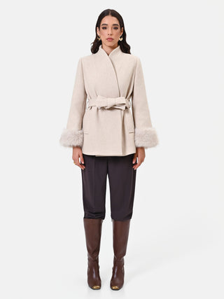 Short Beige Taupe Coat with Faux Fur Cuffs
