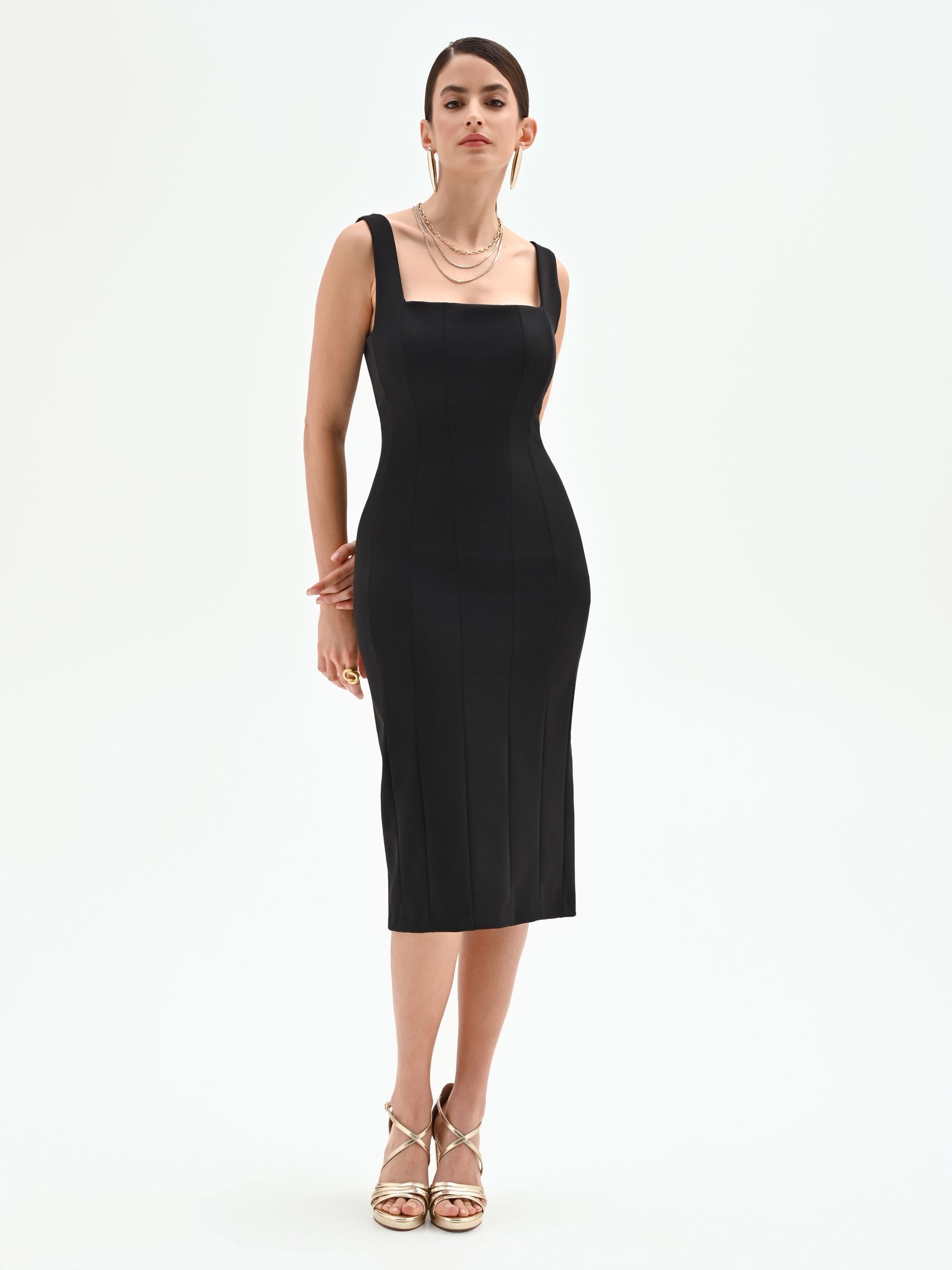 midi sheath dress for women Black midi sheath dress with square neckline – Rinascimento