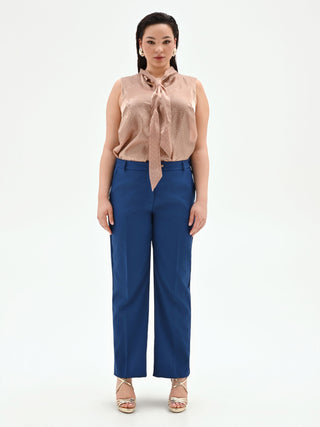 Pantalone Curvy blu brillante a vita alta in tessuto tecnico