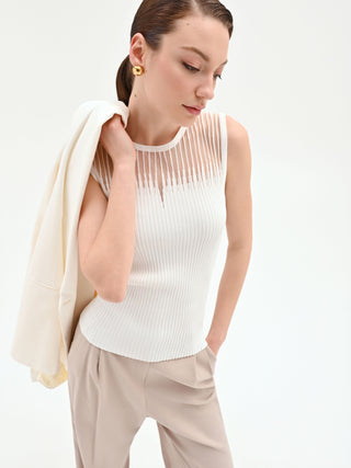 Canotta panna a coste con inserto traforato