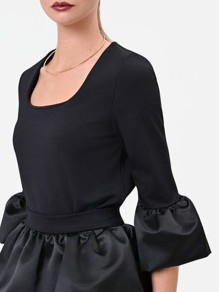 Black Viscose-Blend Blouse with Satin Ruffles